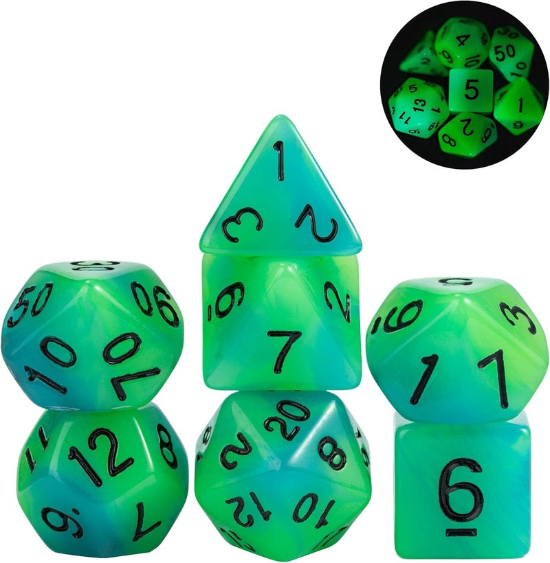 Poludie Glow in The Dark DND Dice, 7Pcs Luminous Polyhedral Die Set with Leather Die Bag, Glowing D&D Dice for RPG Table Games(Green Blue) - Image 3
